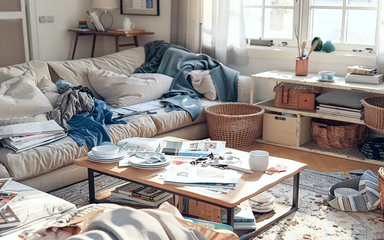 散らかったリビングの様子